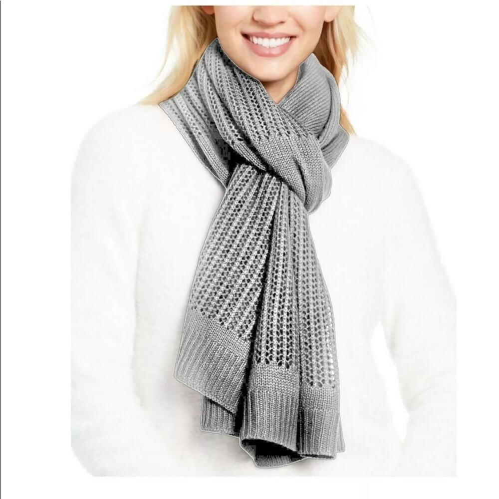 DKNY Logo Open-knit Blocked Scarf  Heather Grey